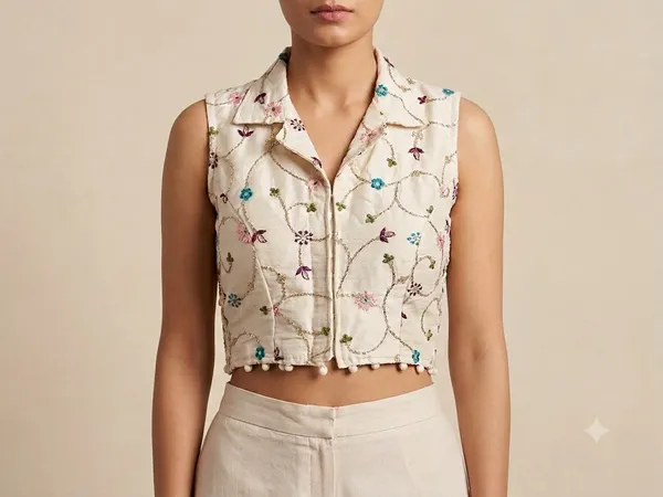 Cream_Khadi_Cotton_Embroidered_Collared_Sleeveless_Blouse_For_Women