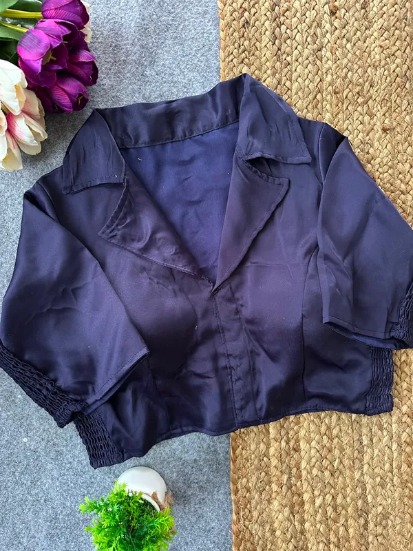 Navy_Heavy_Silk_Collared_Button_Down_Elasticated_Blouse_For_Women