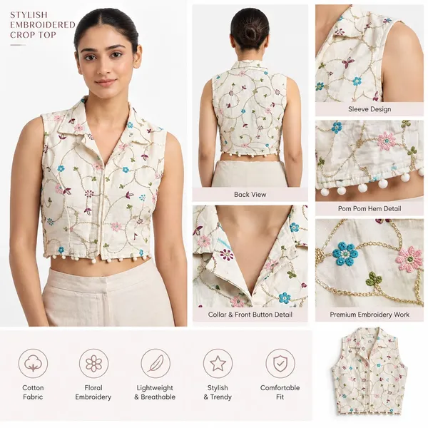Cream_Khadi_Cotton_Embroidered_Collared_Sleeveless_Blouse_For_Women