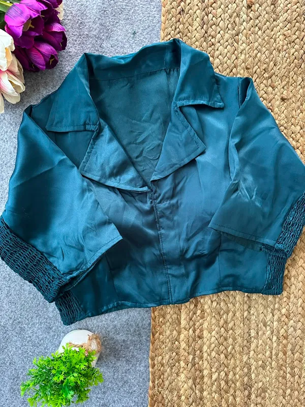 Teal_Blue_Heavy_Silk_Lapel_Collar_Full_Sleeve_Blouse_For_Women