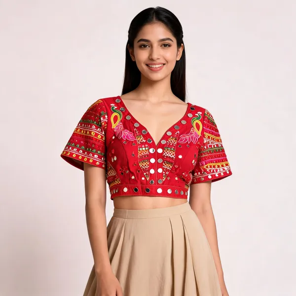 Red_Khadi_Cotton_Embroidered_Mirror_Work_Ethnic_Blouse_For_Women