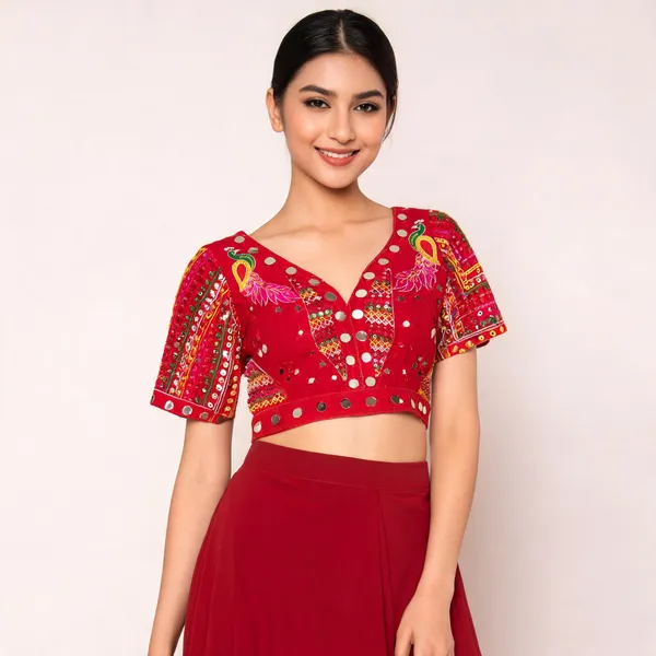 Red_Khadi_Cotton_Embroidered_Mirror_Work_Ethnic_Blouse_For_Women
