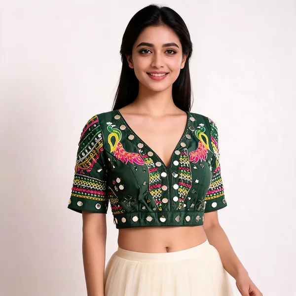 Green_Khadi_Cotton_Embroidered_Peacock_Mirror_Work_Blouse_For_Women