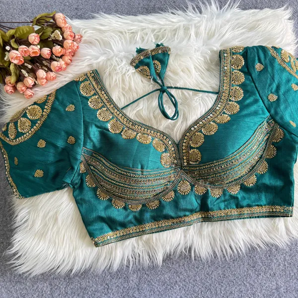 Teal_Khadi_Cotton_Embroidered_Short_Sleeve_Saree_Blouse_For_Women