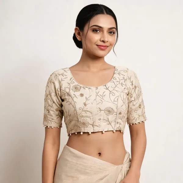 Cream_Khadi_Cotton_Floral_Embroidered_Short_Sleeve_Blouse_For_Women
