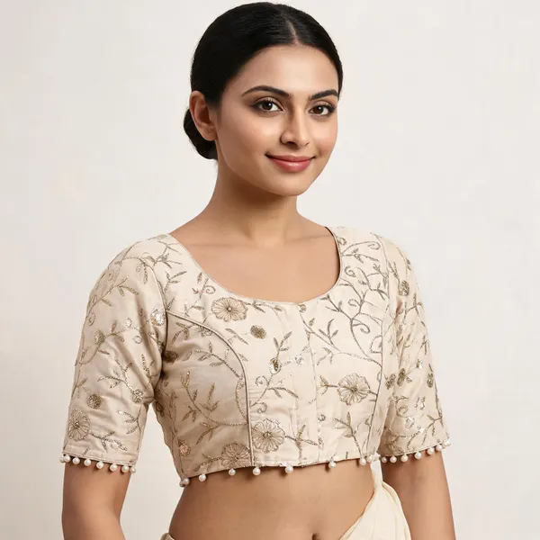 Cream_Khadi_Cotton_Floral_Embroidered_Short_Sleeve_Blouse_For_Women