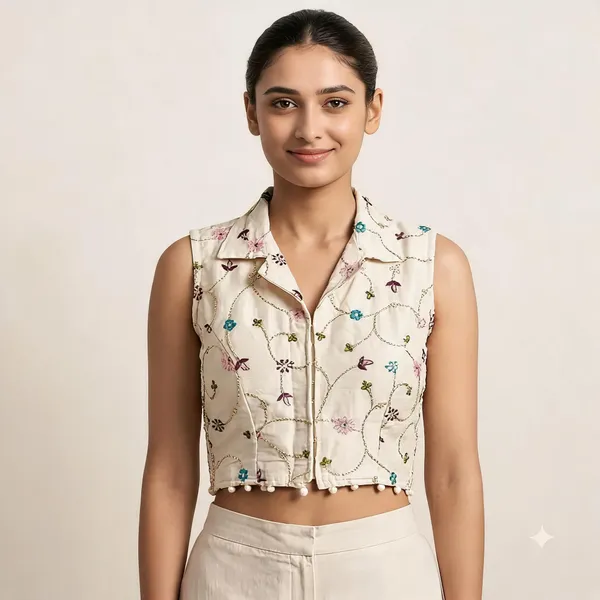 Cream_Khadi_Cotton_Embroidered_Collared_Sleeveless_Blouse_For_Women