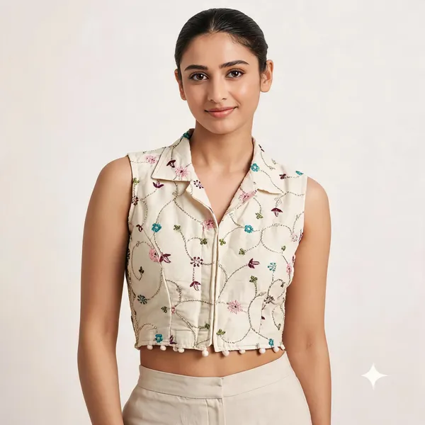 Cream_Khadi_Cotton_Embroidered_Collared_Sleeveless_Blouse_For_Women