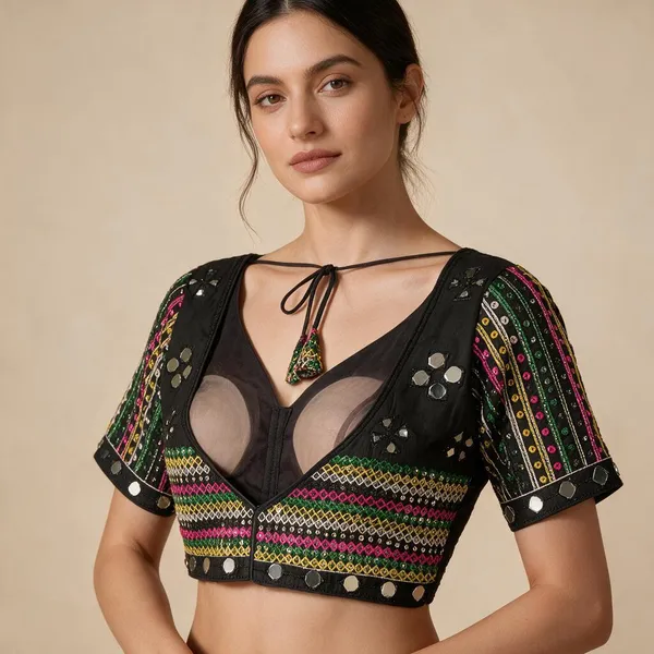 Black_Khadi_Cotton_Embroidered_Mirror_Work_Choli_Blouse_For_Women