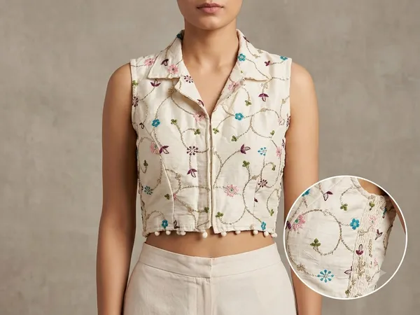 Cream_Khadi_Cotton_Embroidered_Collared_Sleeveless_Blouse_For_Women