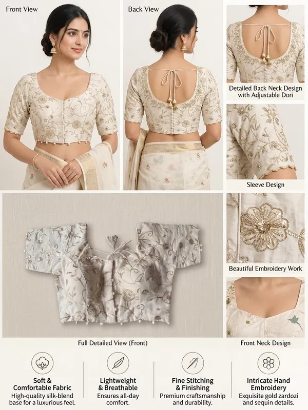 Cream_Khadi_Cotton_Floral_Embroidered_Short_Sleeve_Blouse_For_Women