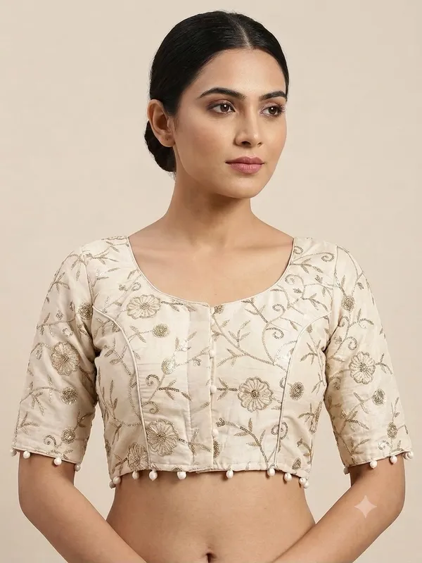 Cream_Khadi_Cotton_Floral_Embroidered_Short_Sleeve_Blouse_For_Women