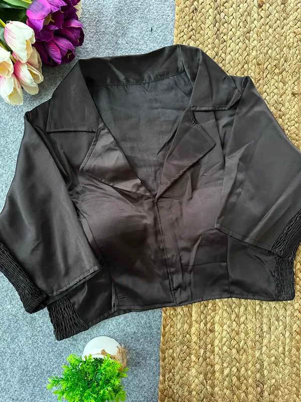 Black_Heavy_Silk_Lapel_Collar_Three_Quarter_Sleeve_Bolero_Blouse_For_Women
