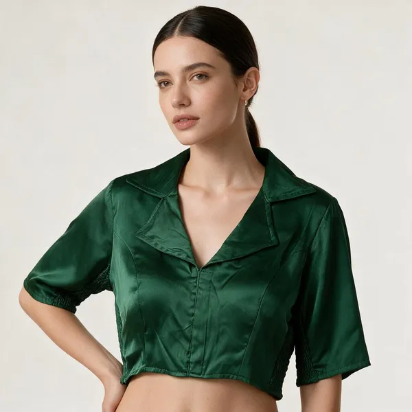Green_Heavy_Silk_Collared_Fringe_Trim_Short_Sleeve_Blouse_For_Women