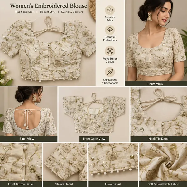 Cream_Khadi_Cotton_Floral_Embroidered_Short_Sleeve_Blouse_For_Women