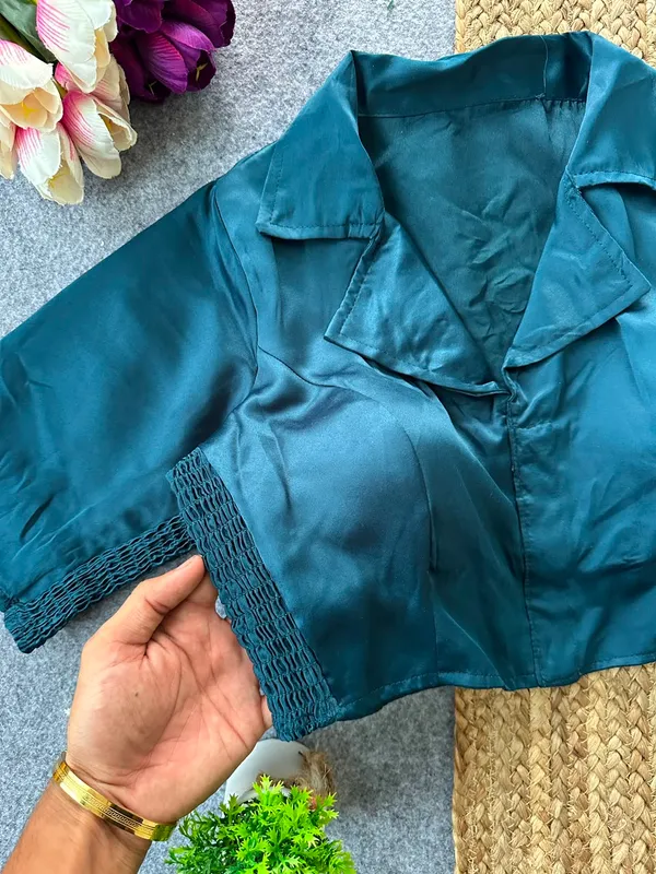 Teal_Heavy_Silk_Collared_Relaxed_Blouse_For_Women