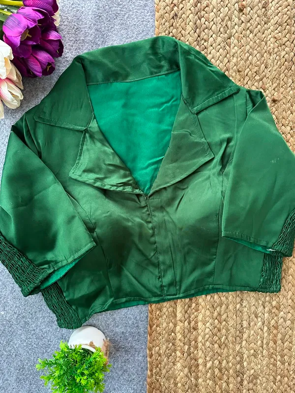 Green_Heavy_Silk_Collared_Fringe_Trim_Short_Sleeve_Blouse_For_Women