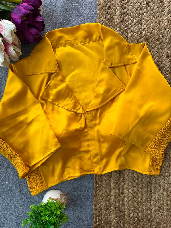 Yellow_Heavy_Silk_Short_Sleeve_Collared_Blouse_For_Women