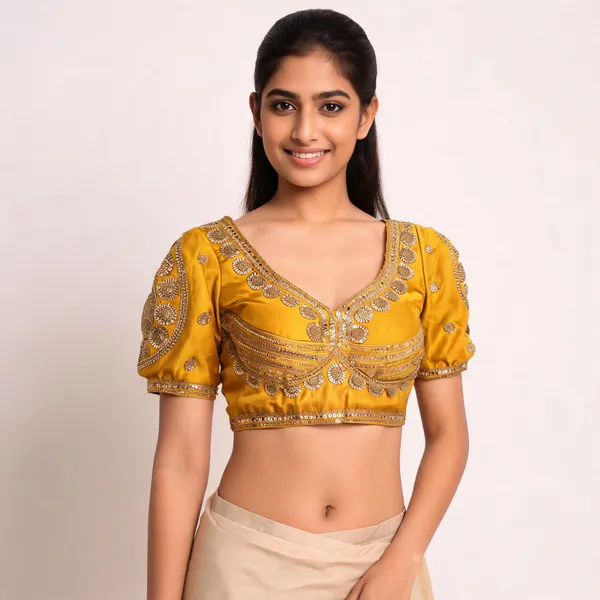 Yellow_Khadi_Cotton_Floral_Embroidered_Puff_Sleeve_Blouse_For_Women