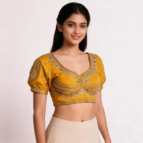 Yellow_Khadi_Cotton_Floral_Embroidered_Puff_Sleeve_Blouse_For_Women
