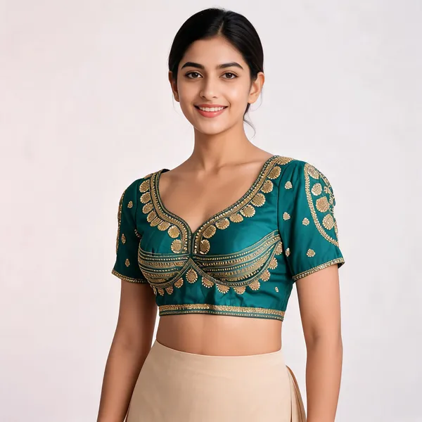 Teal_Khadi_Cotton_Embroidered_Short_Sleeve_Saree_Blouse_For_Women