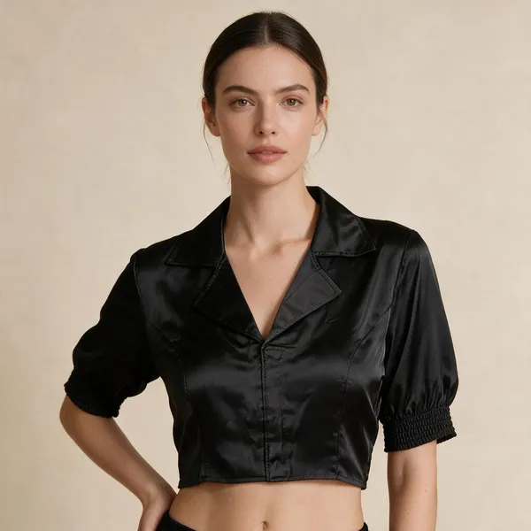 Black_Heavy_Silk_Lapel_Collar_Three_Quarter_Sleeve_Bolero_Blouse_For_Women