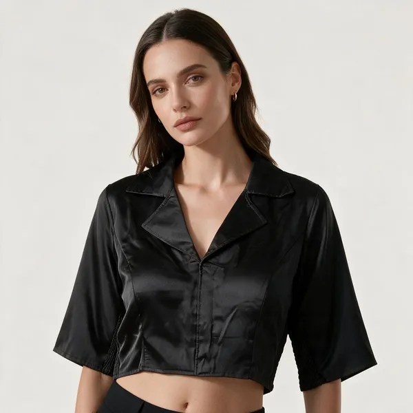 Black_Heavy_Silk_Lapel_Collar_Three_Quarter_Sleeve_Bolero_Blouse_For_Women