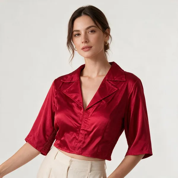 Red_Heavy_Silk_Collared_Button_Down_Elasticated_Blouse_For_Women