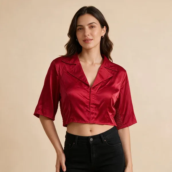 Red_Heavy_Silk_Collared_Button_Down_Elasticated_Blouse_For_Women