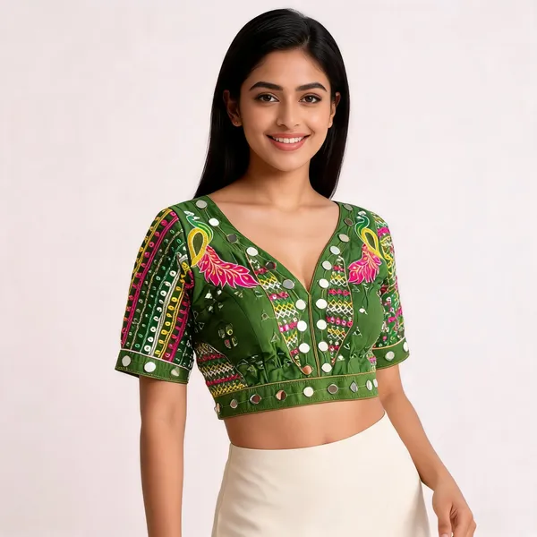 Green_Khadi_Cotton_Embroidered_Mirror_Work_Blouse_For_Women