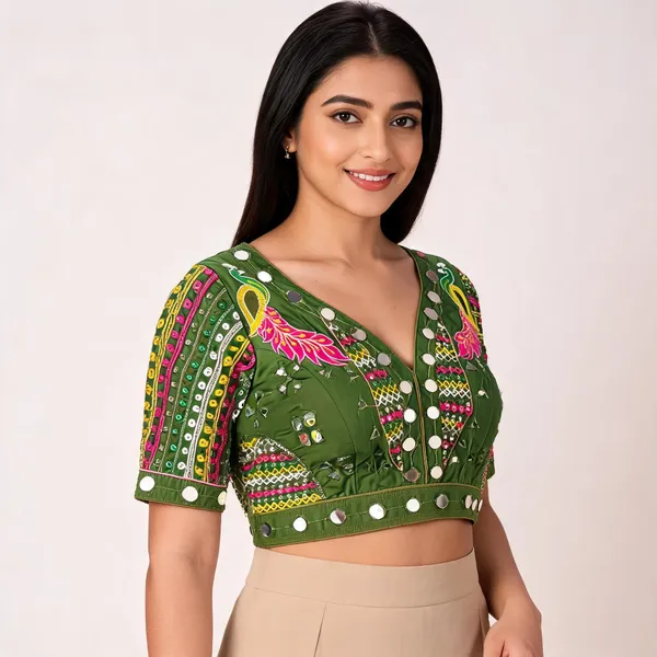 Green_Khadi_Cotton_Embroidered_Mirror_Work_Blouse_For_Women