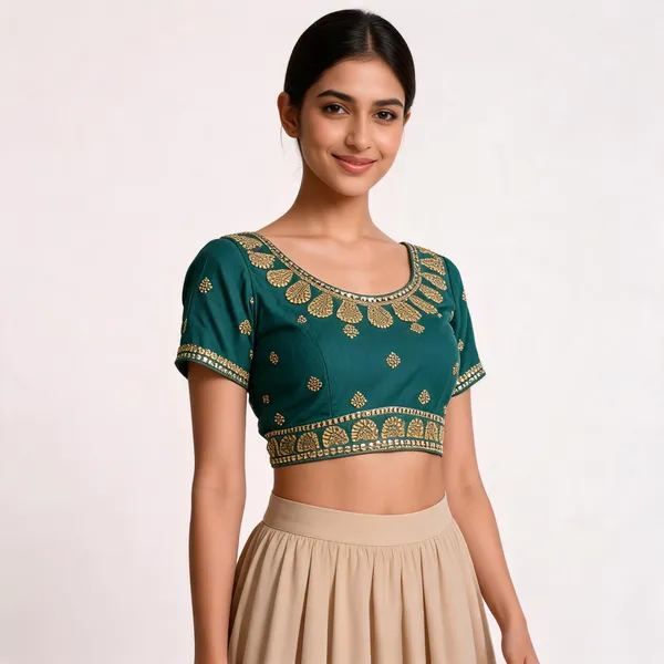 Teal_Khadi_Cotton_Gold_Embroidered_Ethnic_Blouse_For_Women