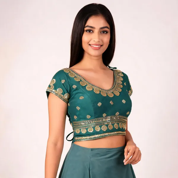 Teal_Khadi_Cotton_Gold_Embroidered_Ethnic_Blouse_For_Women