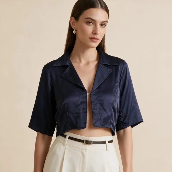 Navy_Heavy_Silk_Collared_Button_Down_Elasticated_Blouse_For_Women
