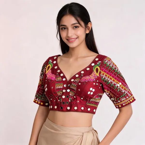 Maroon_Khadi_Cotton_Embroidered_Mirror_Work_Ethnic_Blouse_For_Women