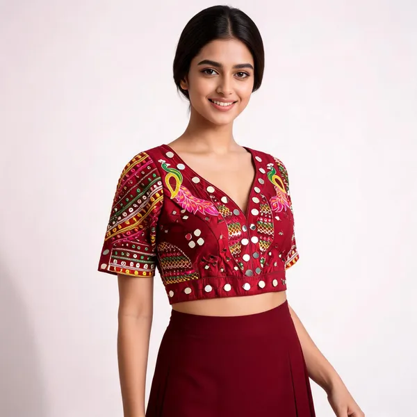 Maroon_Khadi_Cotton_Embroidered_Mirror_Work_Ethnic_Blouse_For_Women