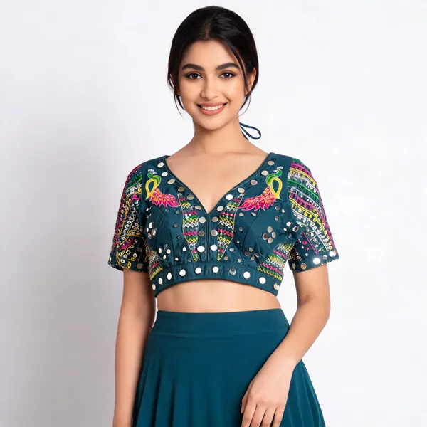 Teal_Khadi_Cotton_Embroidered_Tie_Up_Blouse_For_Women