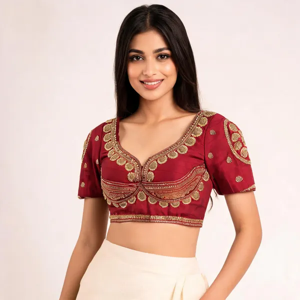 Maroon_Khadi_Cotton_Gold_Embroidered_Scalloped_Border_Blouse_For_Women