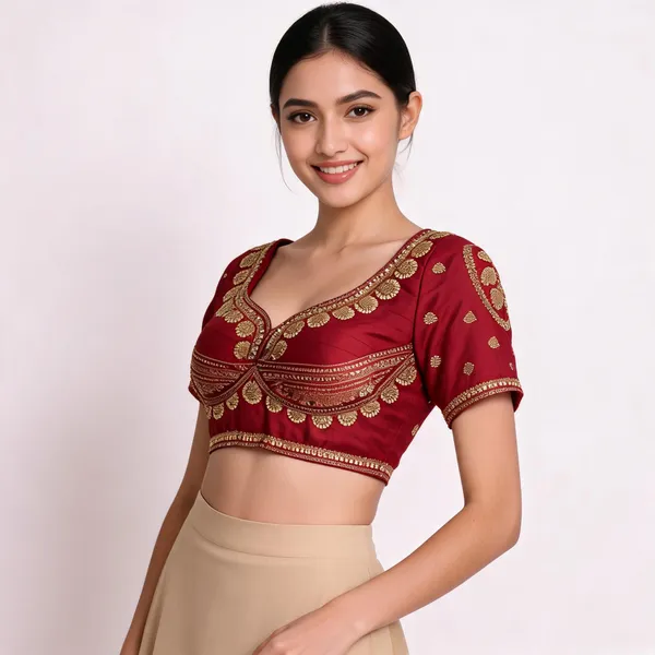 Maroon_Khadi_Cotton_Gold_Embroidered_Scalloped_Border_Blouse_For_Women