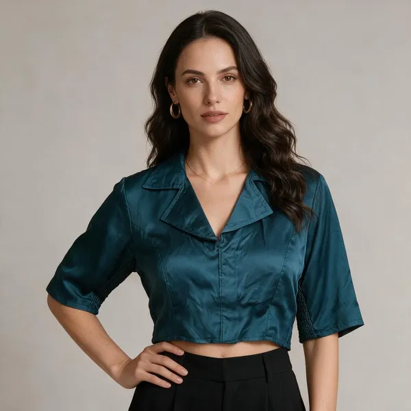 Teal_Blue_Heavy_Silk_Lapel_Collar_Full_Sleeve_Blouse_For_Women