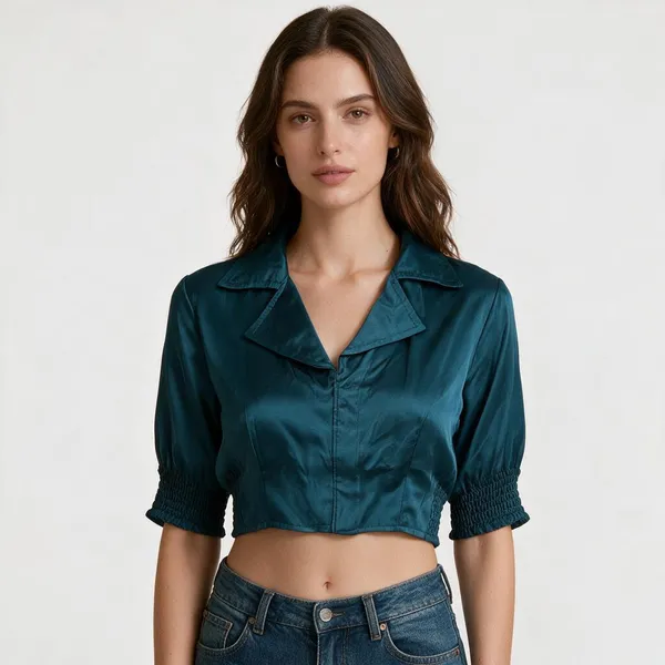 Teal_Blue_Heavy_Silk_Lapel_Collar_Full_Sleeve_Blouse_For_Women