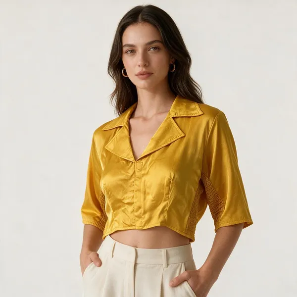 Yellow_Heavy_Silk_Short_Sleeve_Collared_Blouse_For_Women