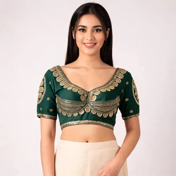 Green_Khadi_Cotton_Gold_Embroidered_Blouse_For_Women