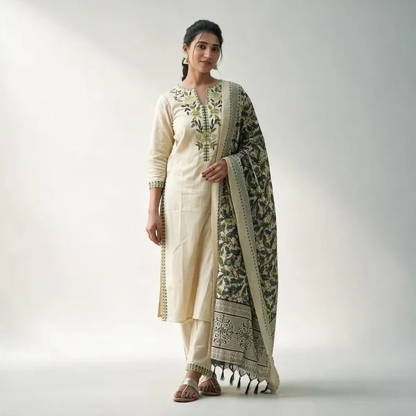 White_Pure_Handloom_Khadi_Cotton_Kurta_Set_For_Women