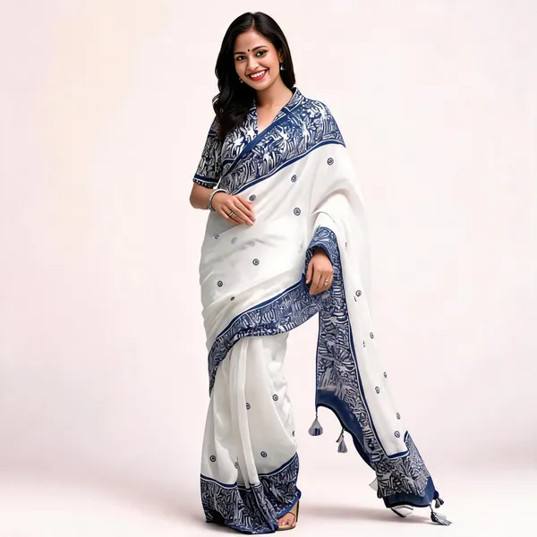 White_Navy_Printed_Saree_for_Women