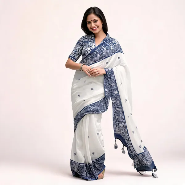 White_Navy_Printed_Saree_for_Women