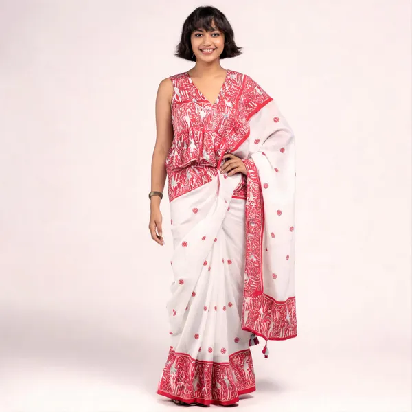 White_Red_Printed_Saree_For_Women