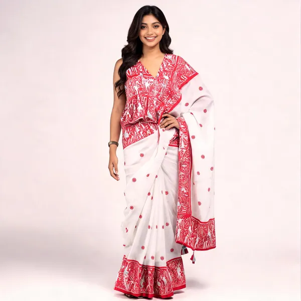 White_Red_Printed_Saree_For_Women
