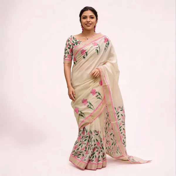 Cream_Organza_Floral_Print_Saree_For_Women