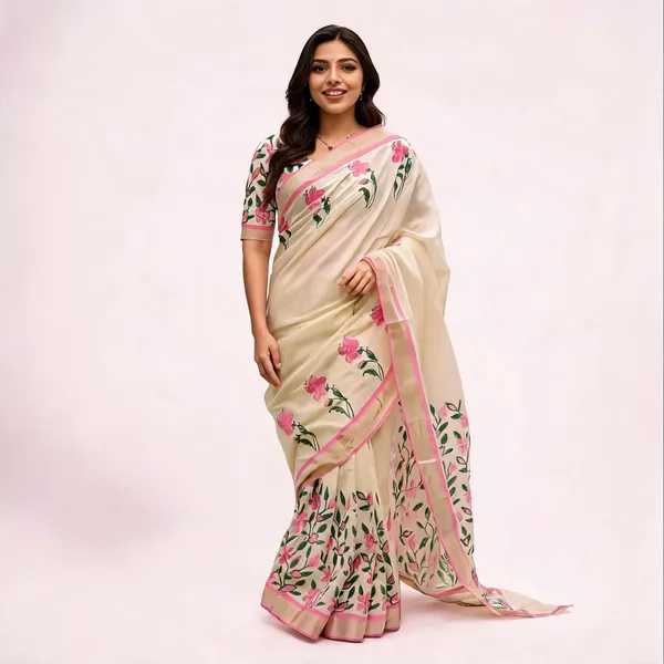Cream_Organza_Floral_Print_Saree_For_Women